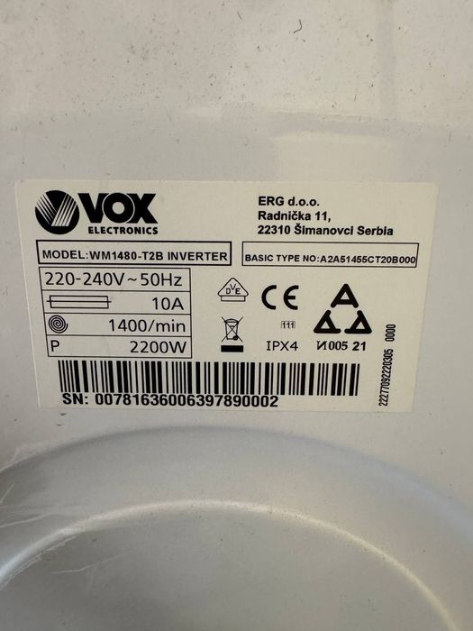 Vox Пералня WM1480-T2 Инверторна Бяла