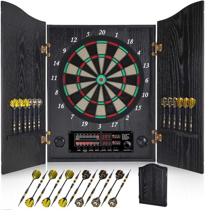 Plansa darts electronică Yirinatek cu cabinet, 12 săgeți, alimentator -  Stare  foarte buna