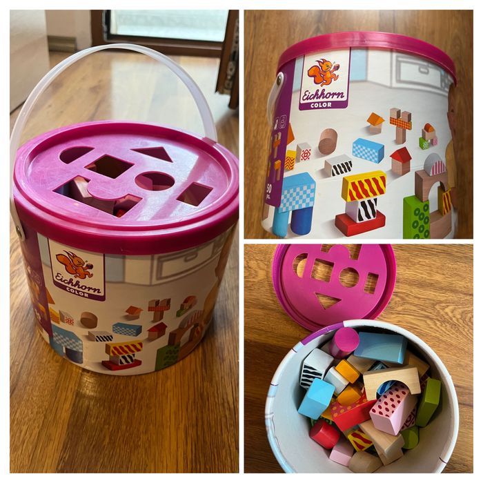 Дървени играчки: Кофа с кубчета Eichorn, кофа Kruzzer град