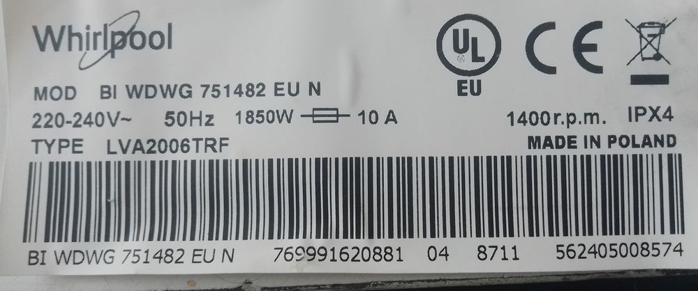 Продавам Люк и Програматор за пералня Whirlpool LVA2006TRF