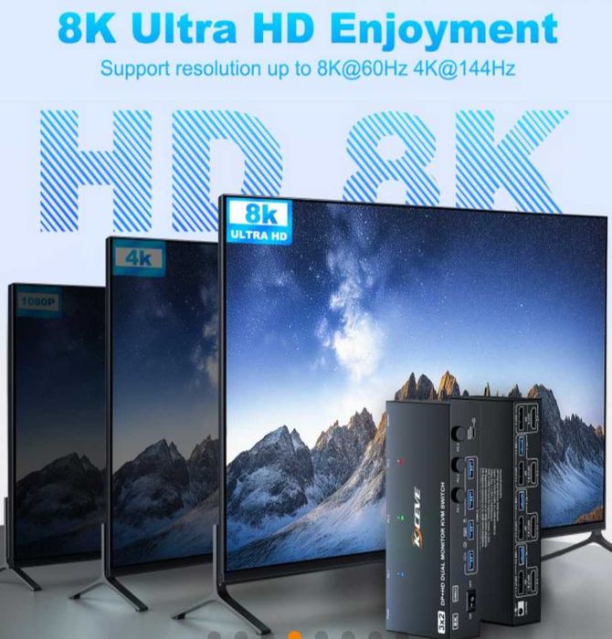 8K 60Hz KVM превключвател за 2 монитора и 3 компютъра Displayport и HDMI 4K 144Hz,KCEVE KVM302DH