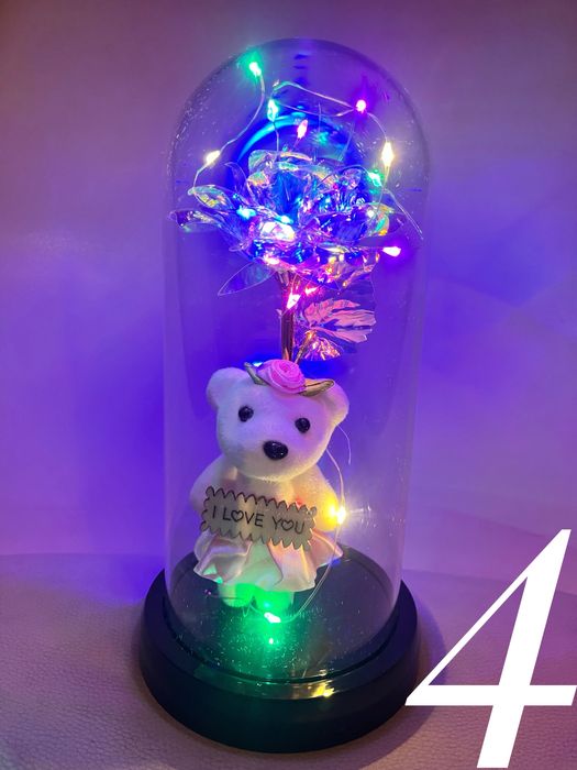 Вечна роза в купол, с мече и лампички, Свети Валентин , годишнина