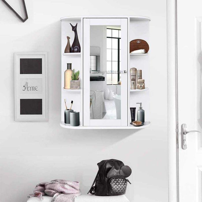Огледален стенен шкаф за баня MDF, бял, 56 x 13 x 58 см