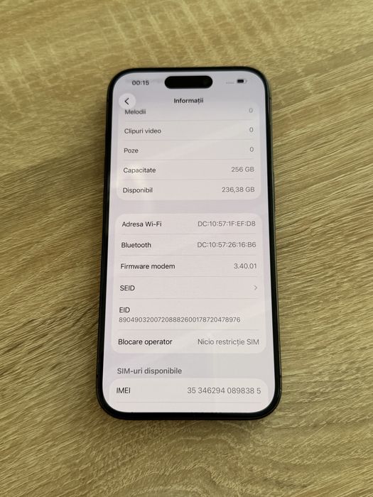 iPhone 15 pro 256 baterie100%, ecran oroginal inlocuit cu zgarieturi