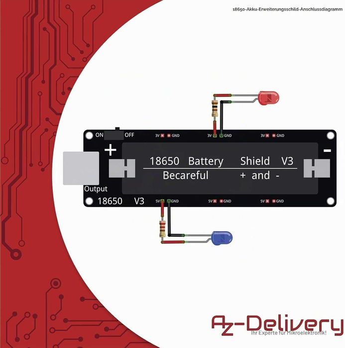 AZDelivery Разширителен щит за батерия, 18650, V3, с USB кабел
