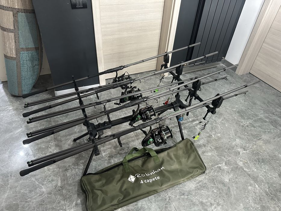 Set pescuit crap complet – 4 lansete Robinhan 3.90 + Reelsking TM10000 + Rod Pod 4 posturi echipat
