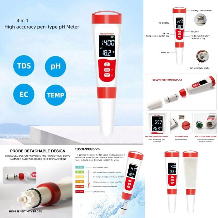 TDS metr, pH metr va Suv analizatorlari (7 in 1 Smart Bluetooth)