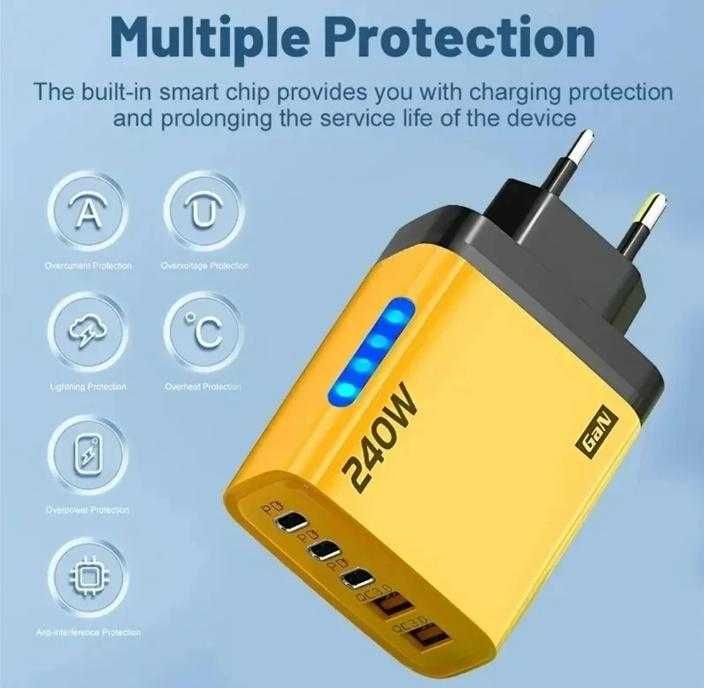 240W 2хUSB3.0QC USB Type-C 3xPD Зарядно Смартфони Quick Charge 3.0 LED
