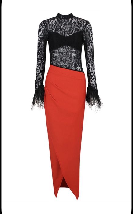 Официална дълга рокля дантела с пера от щраус Bella Barnett