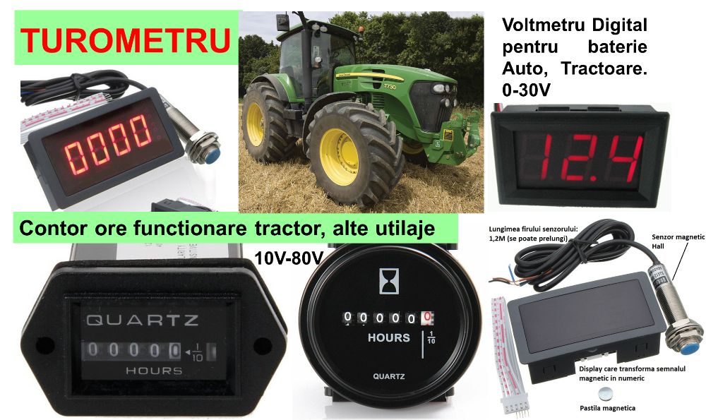 Voltmetru baterie Auto, Turometru Contor ore functionare Tractor Nou!