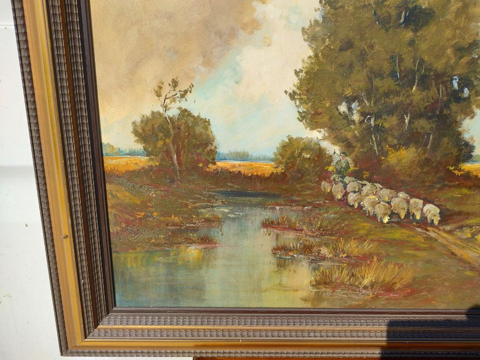 Rablou pictura in ulei pe panza peisaj cu oi semnat Klein Hans