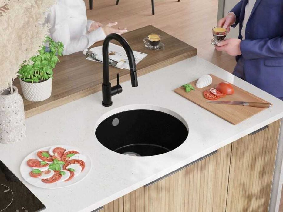Черна кръгла кухненска мивка за вграждане под плот Валета 50 460x460 м