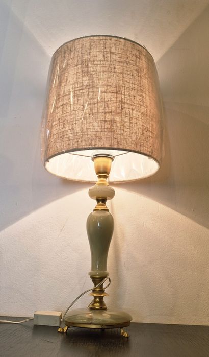 Lampă veioză de masă din alamă și marmură/onix, design vintage din anii '40, 47cm.