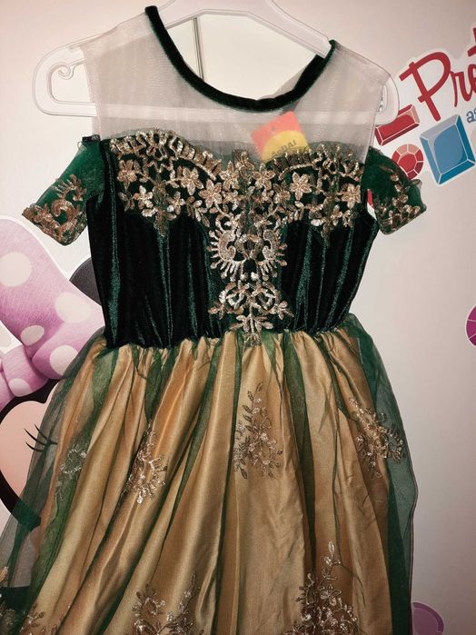 Rochie de ocazie catifea verde si dantela aurie 6-7 ani
