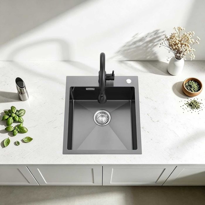 Chiuvetă de bucătărie din inox cu orificiu pentru baterie, set de scurgere, 45 × 50 cm