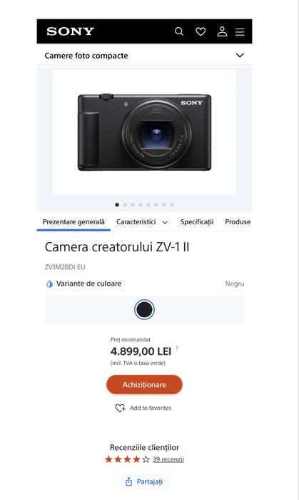 Camera foto video avansata Sony ZV-1 ii , mk2, obiectiv ZEISS 18-50 mm