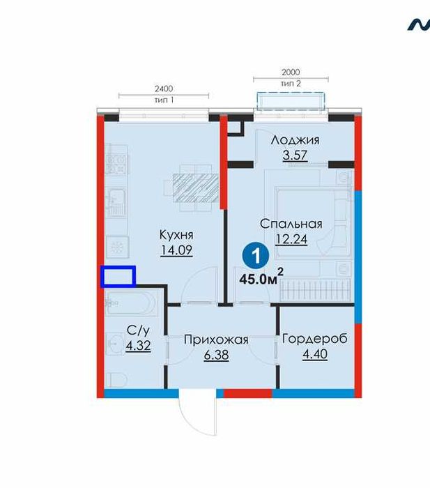 Просторная однушка 45 м² с гардеробной, вид во двор — скидка 30%! (XS)