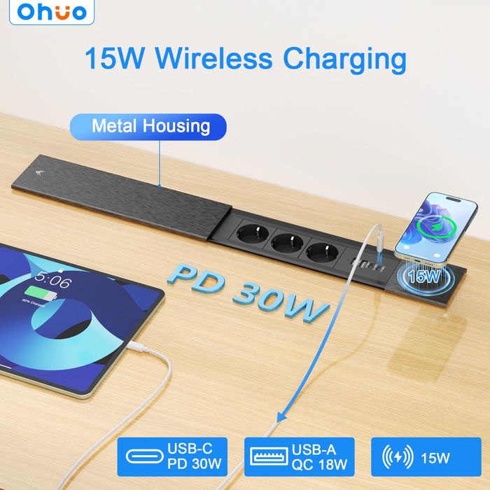 Разклонител за вграждане/3 гнезда/15W безжично зарядно/2 USB-C PD 30 W/2 USB-A порта, Inox капак