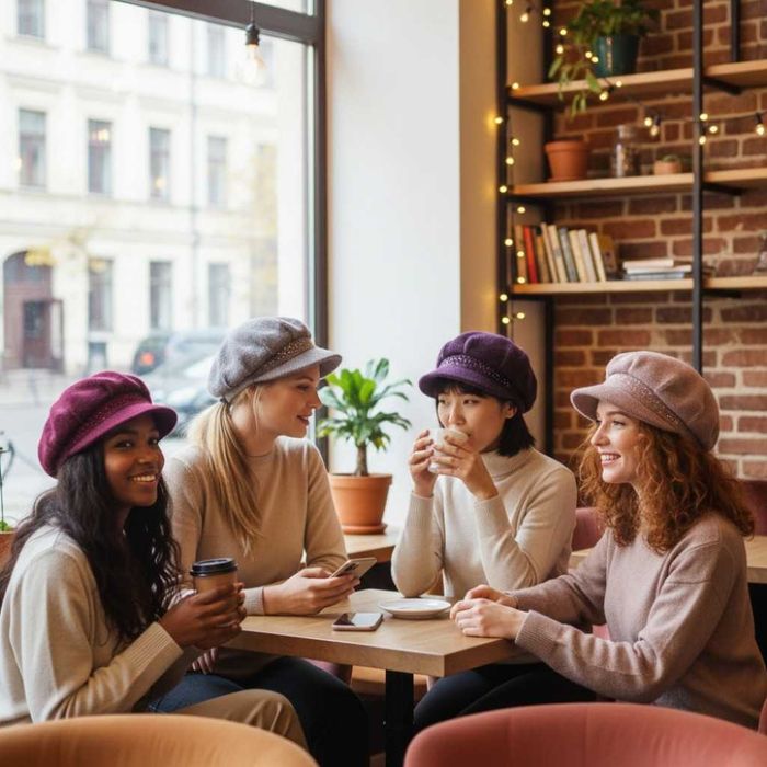 Дамска зимна плетена шапка с козирка и декоративни камъчета