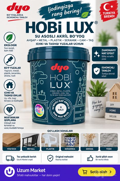 DYO Hobi Lux — universal akril bo‘yoq, yog‘och, metall, plastik uchun