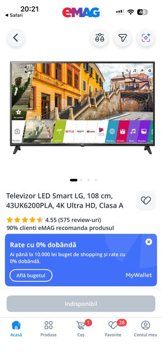 Televizor LED Smart LG, 108 cm, 43UK6200PLA, 4K Ultra HD, Clasa A