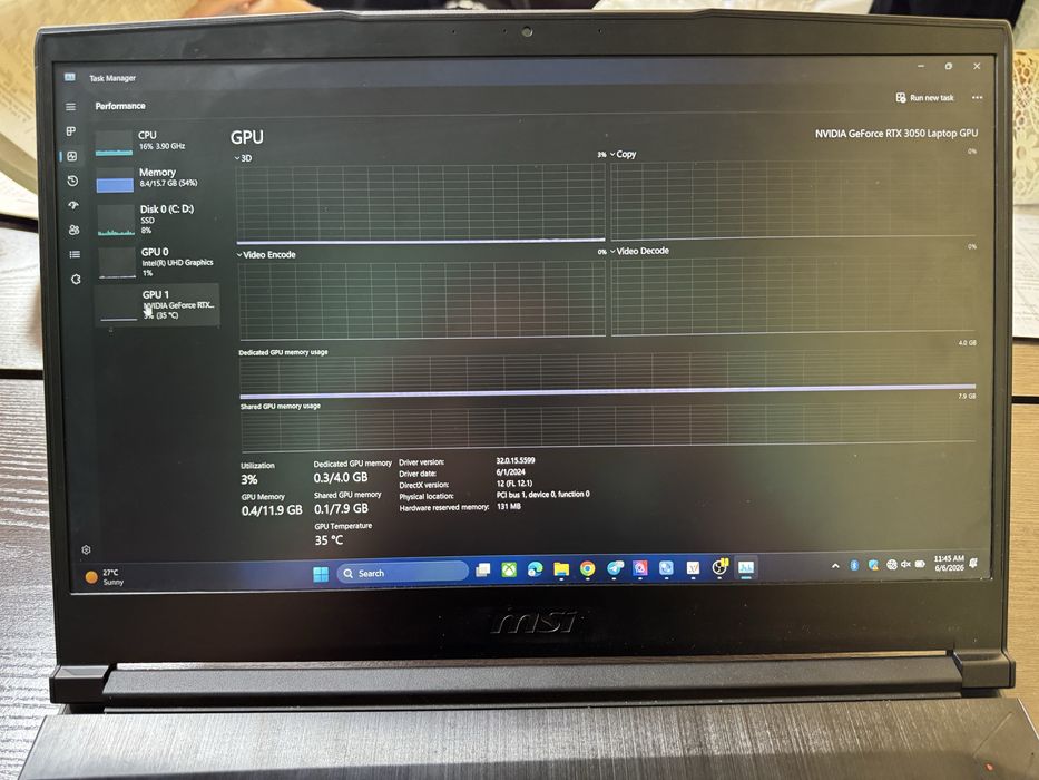 MSI GF63 i5 11400h/ 16gb ram/ 3050 4 gb , ideal holatda
