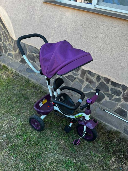 Tricicletă copii Cool Baby, cu copertina , loc de depozitare , suport picioare , spatar, mâner de împingere reglabil și detașabil, bara de protectie