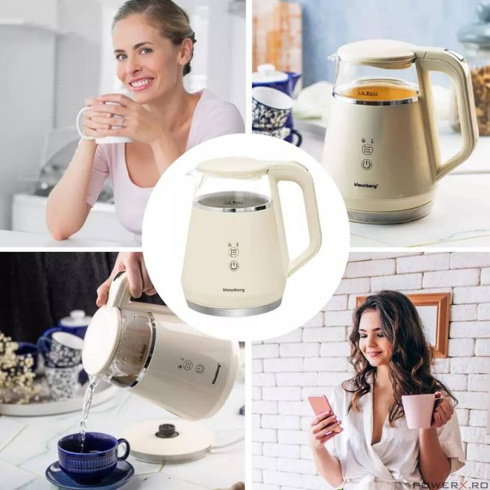 Fierbator electric, fabricat din sticla borosilicata, panou LED, crem,