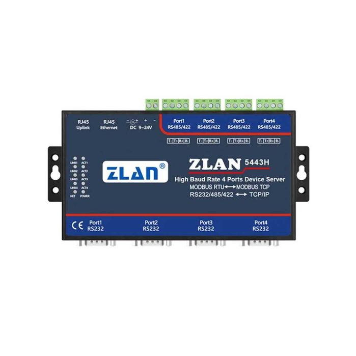 ZLAN5443H 4-портов високоскоростен сървър RS232/485/422 към Ethernet.