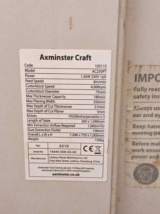 Rindeluitor + Abricht Axminster Craft AC250PT – stare impecabilă, foarte puțin folosit