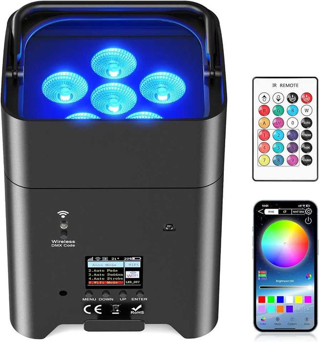 Чисто нов акумулаторен LED PAR прожектор 6x18W RGBAW UV с батерия 9600mAh и смарт управление