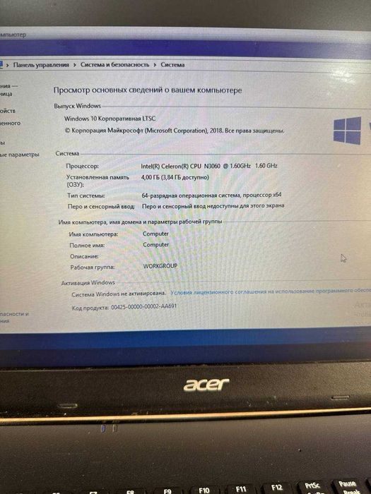 Ноутбук Acer intel Celeron N3060/ 4GB/ SSD 128GB