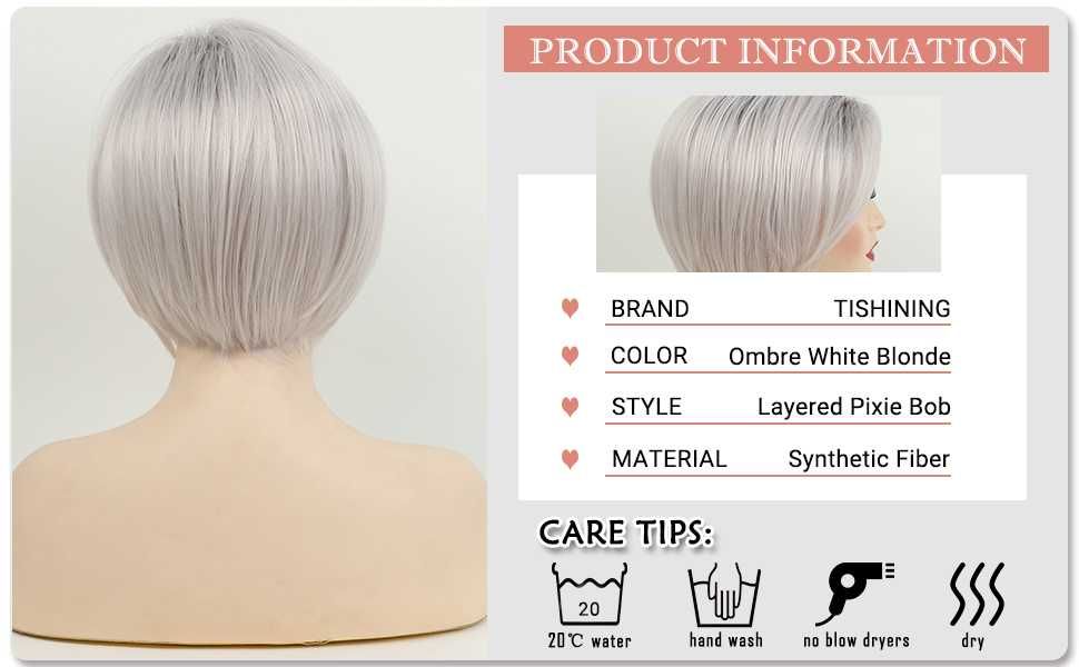 Елегантна къса омбре бяла перука с тъмни корени