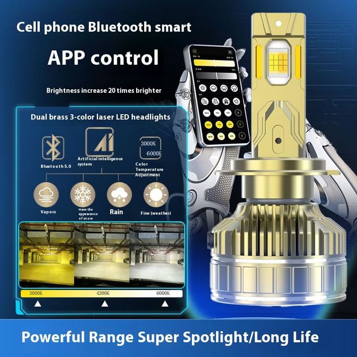 Set 2 Becuri LED Smart H7 Control prin telecomanda, 300W / 35.000LM, alb, galben (3000,4300 si 6000k)