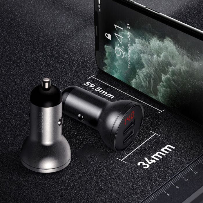 Baseus Автомобилно Зарядно 24W с Дигитален Дисплей и 2 USB Порта