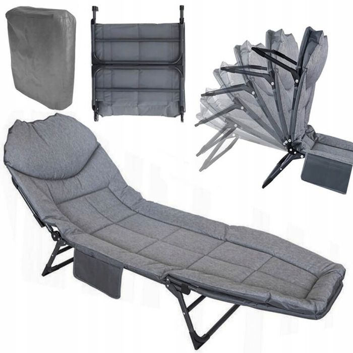 Сгъваемо походно легло с 4 крака и мек матрак, антрацит сиво