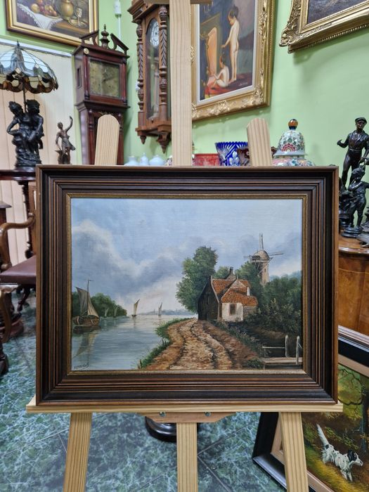 Прекрасна антикварна белгийска авторска картина масло върху платно