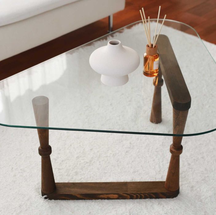 Masa de cafea transparenta sticla lemn 81x96 The Home