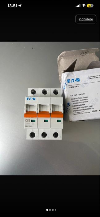 Intrerupator, Eaton, 3P, C 63A, 10KA AC PLSM-C63/3-MW 242480 Disponibil 1x preț -250lei