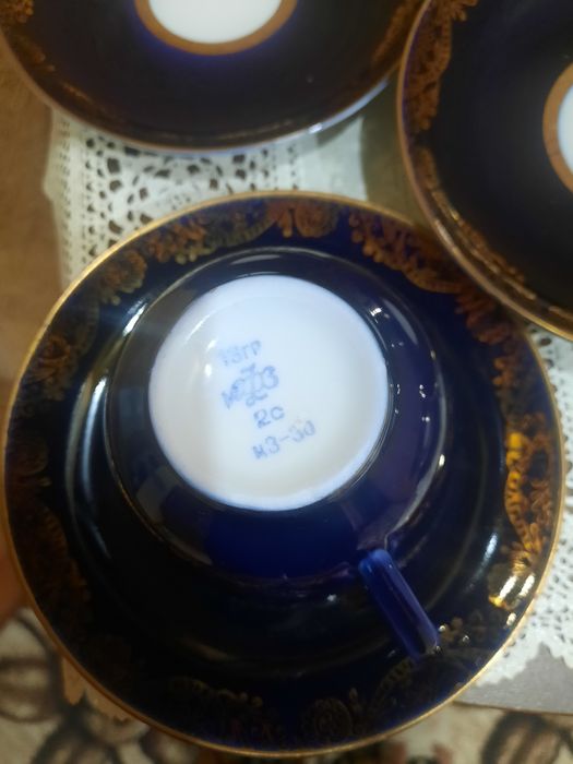 6 Чайных  пар "Золотой фриз"  по кобальту с цветами, ЛФЗ, 6 чашек и 6