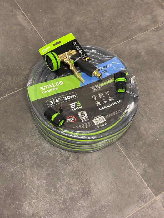 Set Complet Furtun Grădină 3/4" 30m STALCO GARDEN + Pistol Alamă 8 Funcții