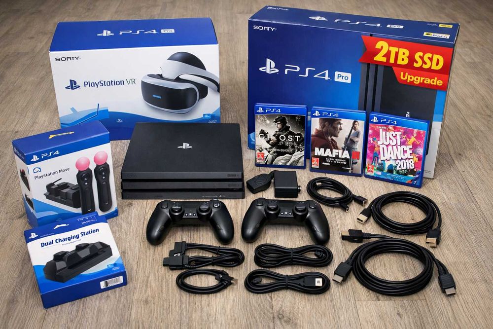 PS4 Pro + SSD 2TB NOU + PS VR COMPLET (cutii) + Ghost of Tsushima