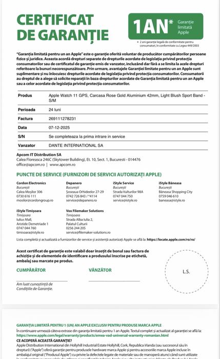 Apple Watch 11 GPS, Carcasa Rose Gold,46mm,