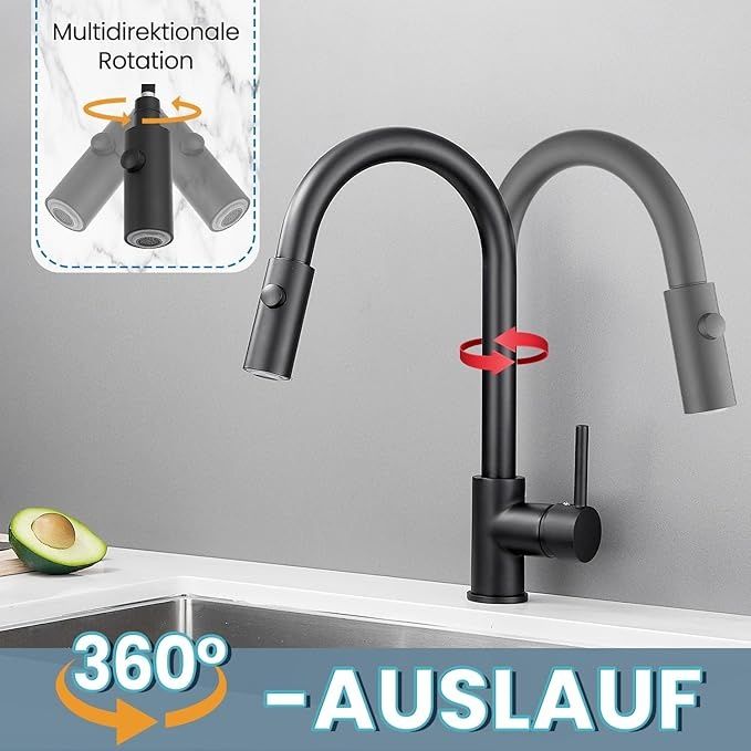 Baterie bucatarie neagra extractibila 360° 2 functii presiune mica