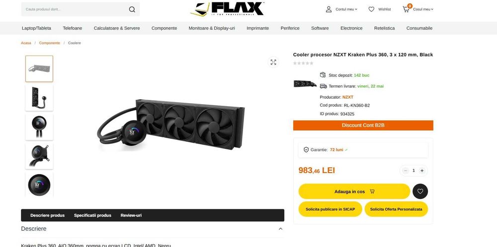 Cooler racire procesor lichid AIO NZXT Kraken Plus 360 RGB, 3 x 120 mm, Black