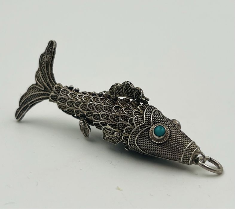Сребърна старинна риба филигран  Китай с Тюркоаз