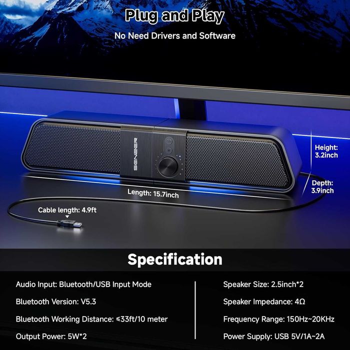 SENZER CS20 2 в 1 Bluetooth компютърни високоговорители за настолен компютър, USB Plug & Play