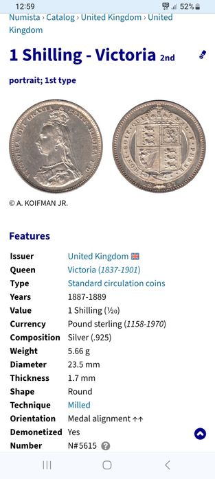 Monedă de argint 1 shilling 1887