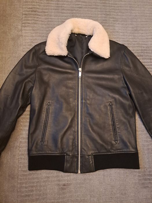Geaca de piele naturala Aviator Zara cu guler detasabil blană ,L-XL