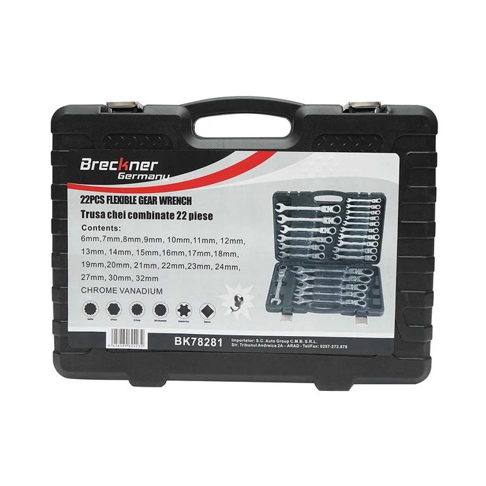 Trusă de scule profesională set 22 chei combinate cu clichet articulat CrV 6–32 mm